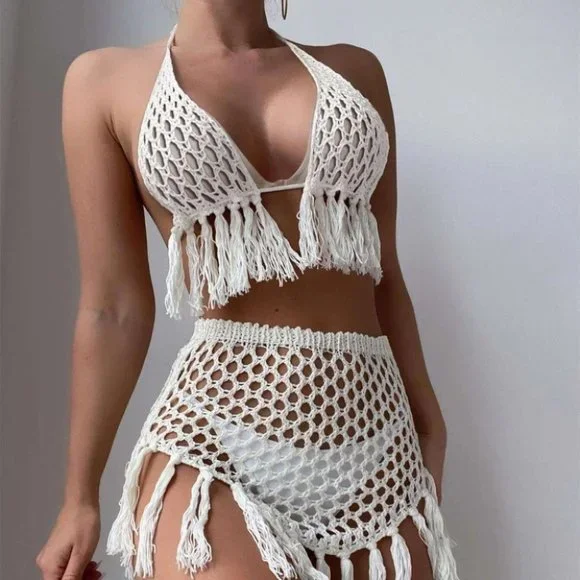 CROCHET FRINGE BACKLESS TIE HALTER TWO PIECE COVER UP SET SUMMER BEACH TRENDING - Picture 2 of 8